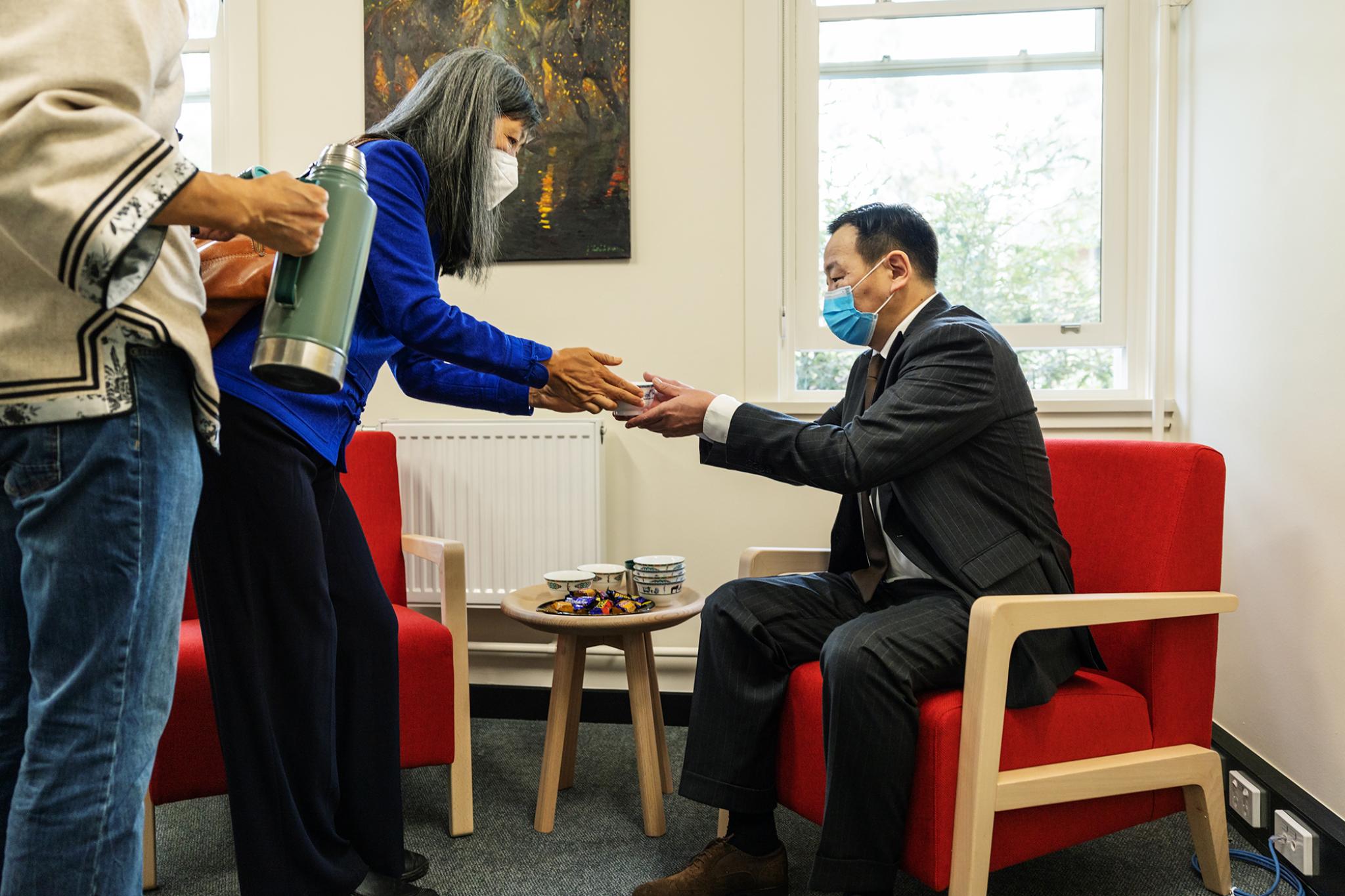 Professor Li Narangoa serving up a cup of Mongolian tea