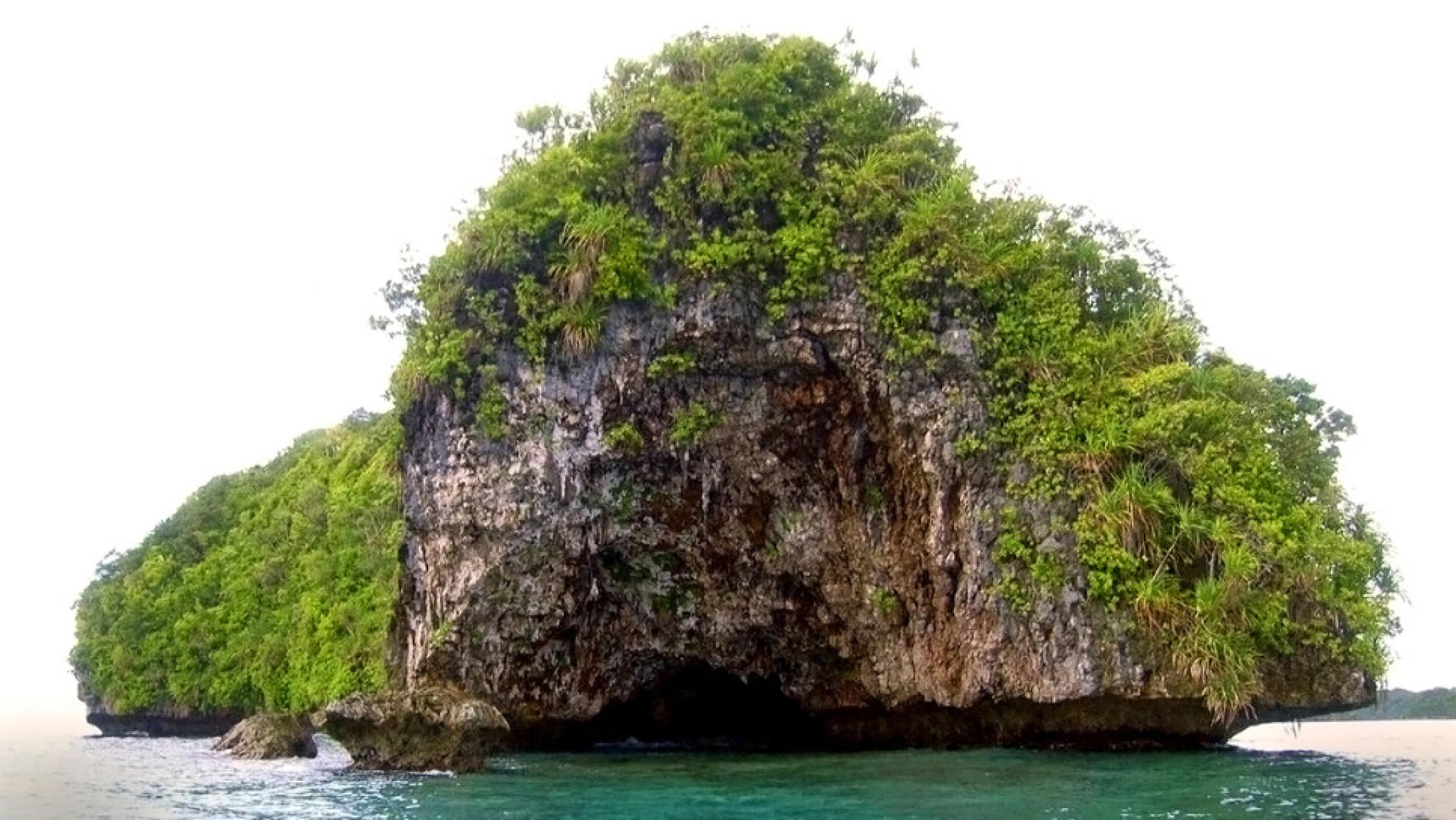 A shot facing an island from front on. The island looks like a large rock with greenery over it in the bright blue ocean.