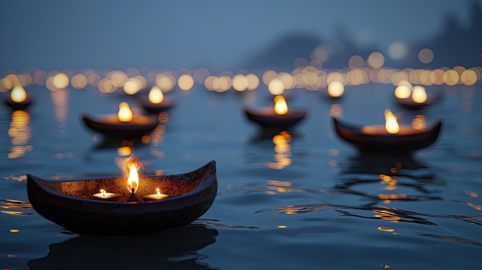 Baked-clay oil lamps (diya) in water