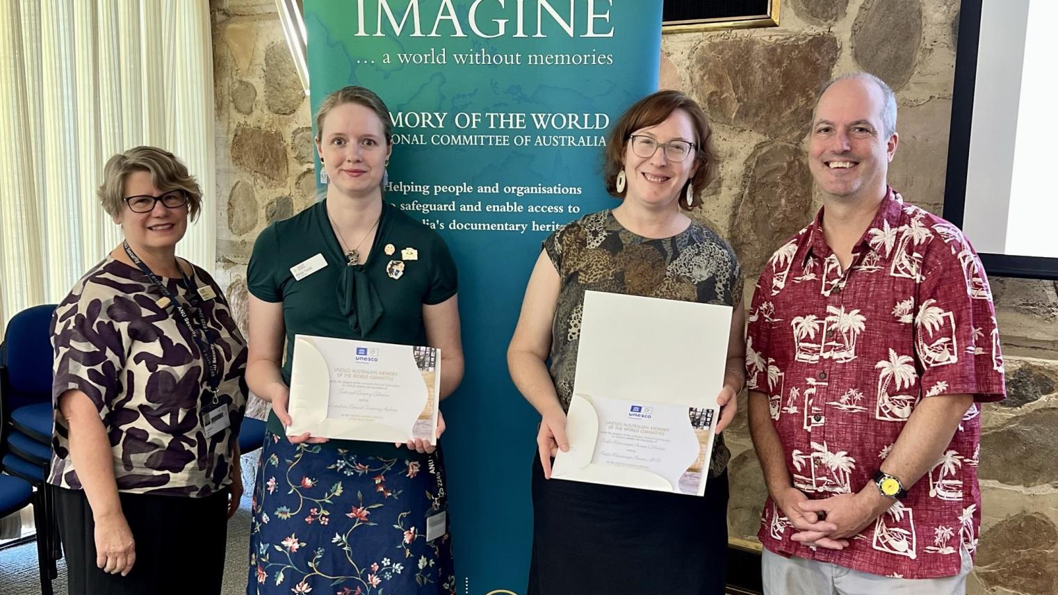 Left to right: Kathryn Dan (ANU University Archivist), Abbey Turrell (ANU University Archivist), Kari James (Pambu Executive Officer) and Professor Matt Tomlinson (Director, ANU School of Culture, History & Language)