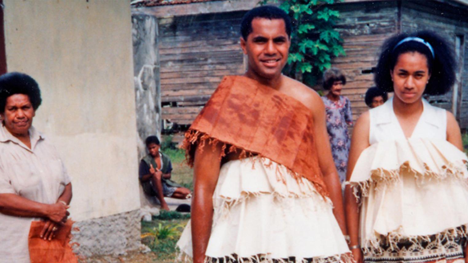 Chiefly brother and sister in ceremonial masi dress, Vatulele, 1993. Image Rod Ewins