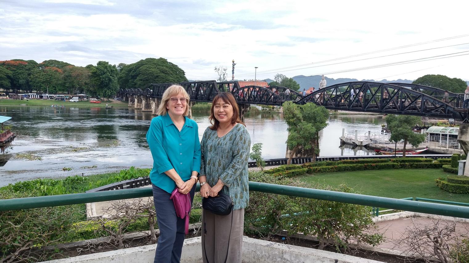 Patricia with Dr Rungrawee Tipmontree, Head of the Malaria Team, Division of Vector-Borne Disease, Ministry of Public Health, Thailand at the River Kwai in Kanchanaburi in western Thailand, near the Myanmar border, in June 2023